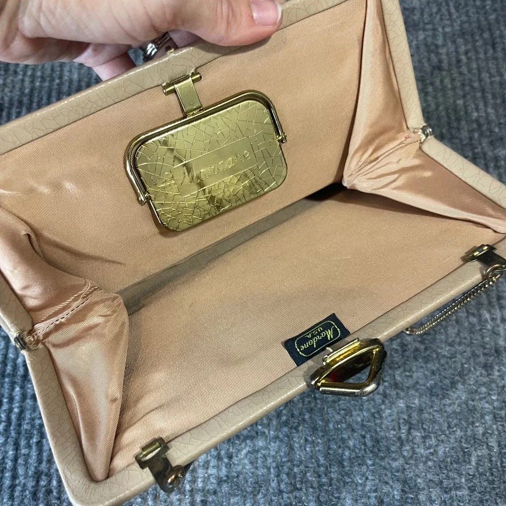 VTG 50s‎ Mardane MCM Handbag Champagne Clutch Chain Cracked Kiss Lock Mirror